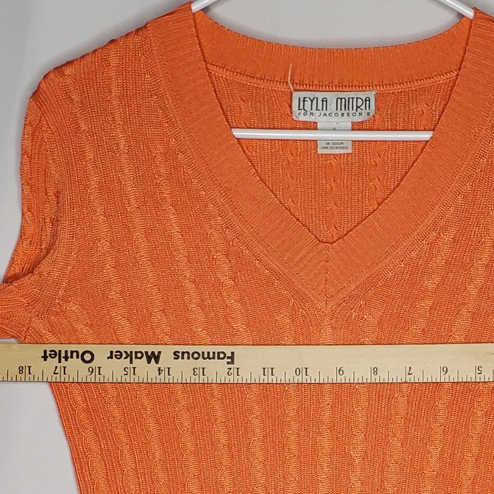 Leyla Mitra‎ Silk Cable Knit Sweater Womens Small Orange Vneck Vtg Quiet Luxury
